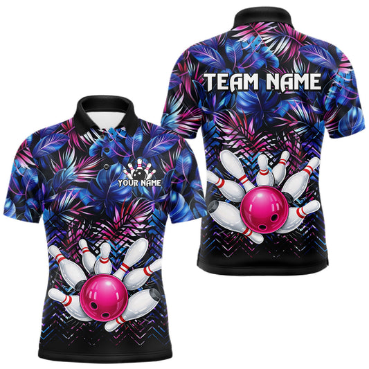 Maxcorners Custom Blue And Pink Tropical Floral Bowling Shirt For Men, Bowling Team Jersey Polo & 1/4 Zip LM2603