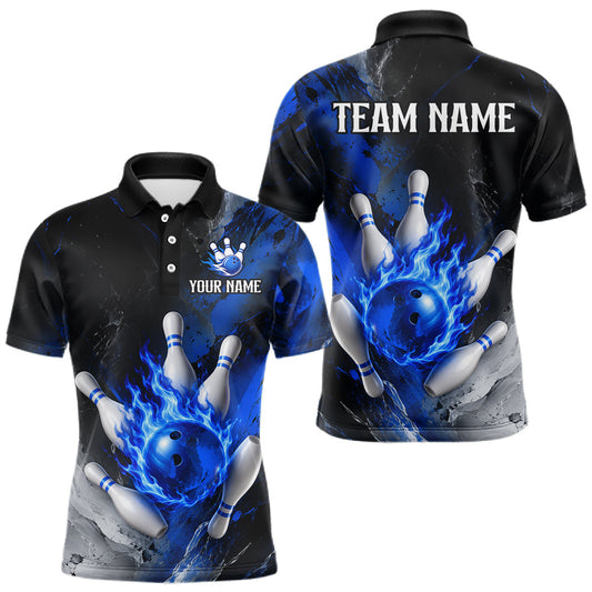 Maxcorners Black And Blue Flaming Bowling Shirts For Men Custom Bowling League Team Jersey Polo & 1/4 Zip LM2806