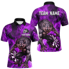 Maxcorners Purple Flaming Wolf Darts Shirt For Men Custom Darts League Jersey Team Polo & Quarter Zip LM2711