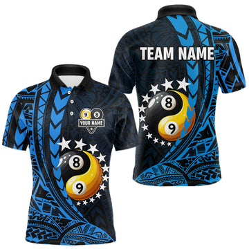 Maxcorners Custom Blue Tribal 8 Ball & 9 Ball Yin And Yang Billiard Shirt For Men, Funny Pool Team Jersey LM2901
