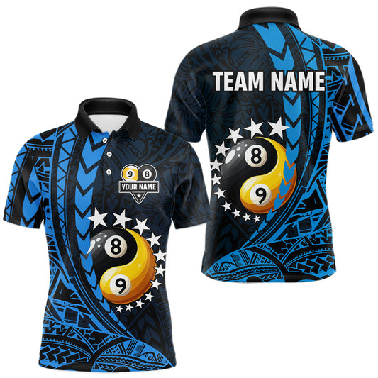 Maxcorners Custom Blue Tribal 8 Ball & 9 Ball Yin And Yang Billiard Shirt For Men, Funny Pool Team Jersey LM2901