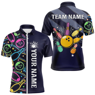 Maxcorners Personalized Funny Neon Bowling Shirt For Men, Retro Bowling Team Jersey | Navy Blue