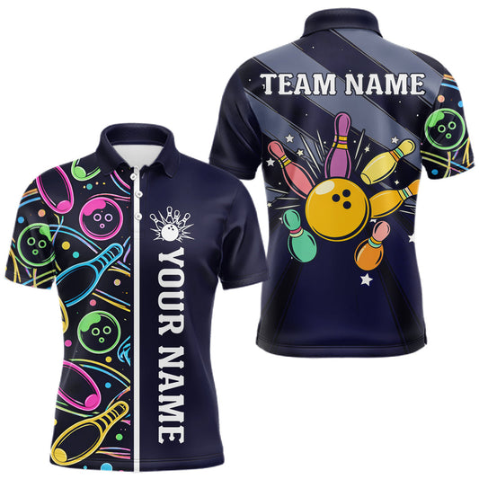Maxcorners Personalized Funny Neon Bowling Shirt For Men, Retro Bowling Team Jersey | Navy Blue