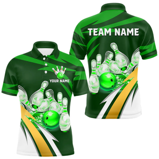 Maxcorners Personalized Green Strike Ball Bowling Shirt for Men, Custom Team Bowling Jersey Polo and Quarter-Zip