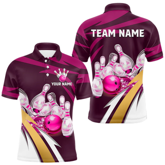 Maxcorners Personalized Pink Strike Ball Bowling Shirt for Men, Custom Team Bowling Jersey Polo and Quarter-Zip