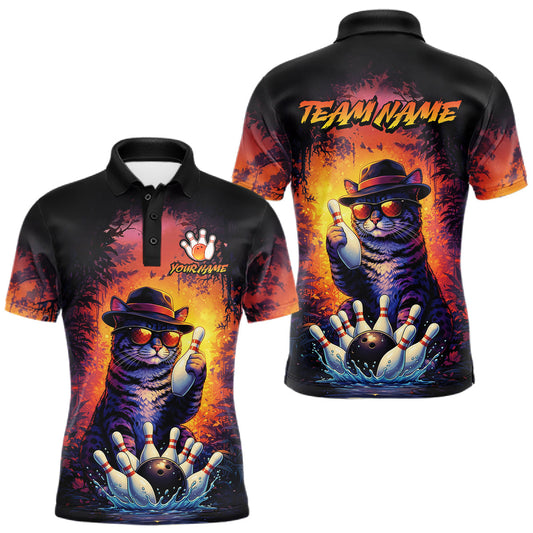 Maxcorners Personalized Vintage Funny Cat Bowling Shirt For Men Custom Bowling Jersey Team Polo & 1/4 Zip LM2901