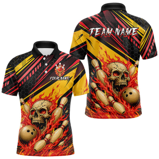 Maxcorners Red & Yellow Flaming Skull Bowling Jersey For Men