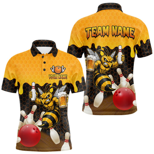 Maxcorners Black And Yellow Funny Bee Beer Bowling Shirts For Men Custom Hexagon Bowling League Team Jerseys