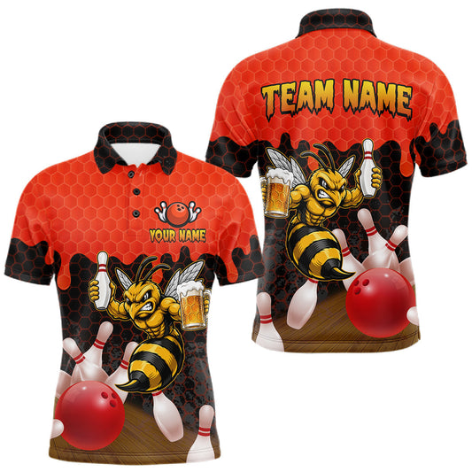 Maxcorners Black And Red Funny Bee Beer Bowling Shirts For Men Custom Hexagon Pattern Bowling Team Jerseys