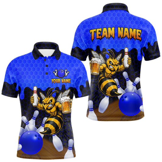 Maxcorners Black And Blue Funny Bee Beer Bowling Shirts For Men Custom Hexagon Pattern Bowling Team Jerseys