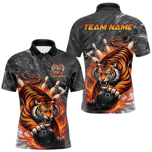 Maxcorners Personalized Flame Tiger Bowling Shirt For Men Custom Bowling League Team Jersey Polo & 1/4 Zip LM0404