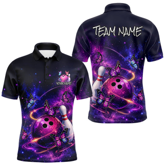 Maxcorners Pink And Purple Butterfly Bowling Shirt For Men Custom Glowing Bowling Jersey Polo & 1/4 Zip LM2704