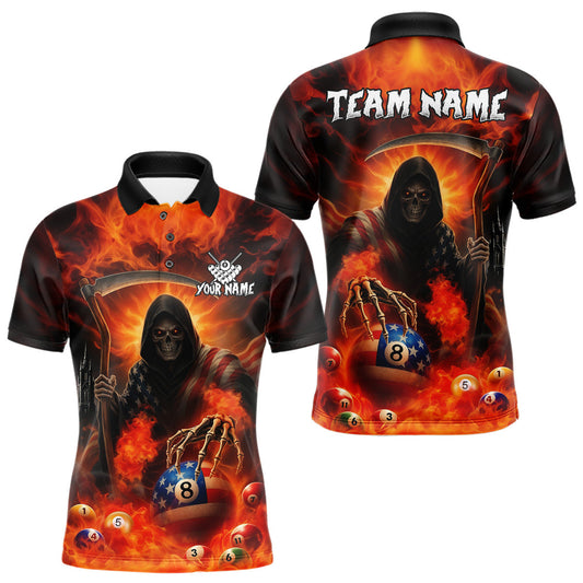 Maxcorners Orange Fire Flame US Flag Grim Reaper Men's Billiards Shirts Custom 8 Ball Pool Team Jersey LM0412