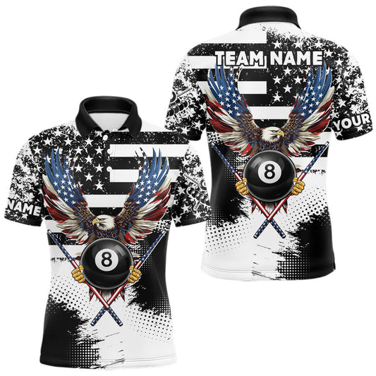 Maxcorners Custom Eagle American Flag 8 Ball Billiard Shirt For Men, Grunge Pool Team Jersey Polo & 1/4 Zip LM0901