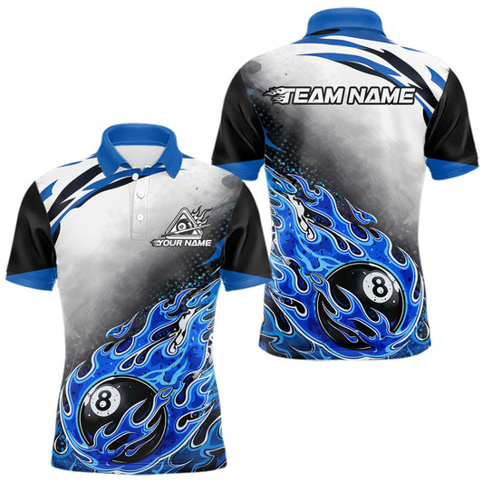 Maxcorners Blue Flaming 8 Ball Billiard Jersey Custom Men's Billiard Polo & Quarter Zip, Pool Team Jersey LM1104