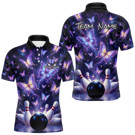 Maxcorners Custom Purple Butterfly Bowling Shirt For Men, Glowing Bowling Team Jersey Polo & 1/4 Zip LM2603