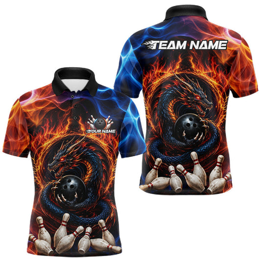 Maxcorners Personalized Dragon Bowling Shirt for Men, Custom Fire Flame Bowling Polo and Quarter-Zip Jersey