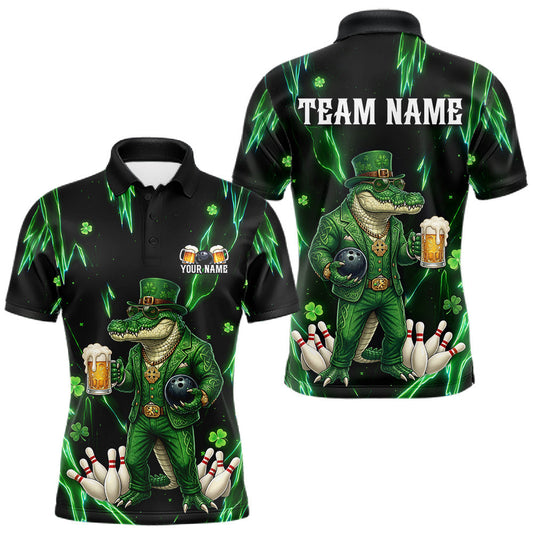 Maxcorners Custom Green St Patricks Alligator Bowling Shirt For Men, Lucky Bowling Team Jersey Polo & 1/4 Zip LM0404