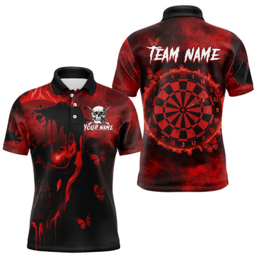 Maxcorners Black And Red Grunge Skull Butterflies Darts Shirt For Men Custom Darts Jersey Team Polo & 1/4 Zip LM0404