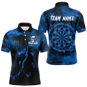 Maxcorners Black And Blue Grunge Skull Butterflies Darts Shirt For Men Custom Dart Jersey Team Polo & 1/4 Zip LM0404