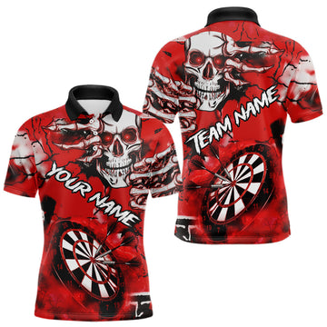 Maxcorners Personalized Red Grunge Skull Darts Shirt For Men Custom Darts Team Jersey Polo & Quarter Zip LM2603