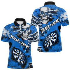 Maxcorners Personalized Blue Grunge Skull Darts Shirt For Men Custom Darts Team Jersey Polo & Quarter Zip TU1410