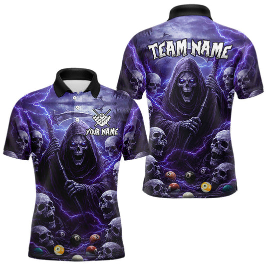 Maxcorners Purple Grim Reaper Lightning Billiard Shirt For Men Custom Skull Pool Team Jersey Polo & 1/4 Zip LM2602