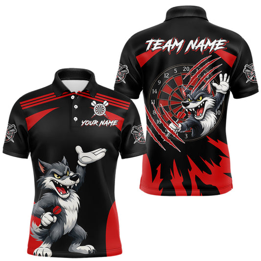 Maxcorners Black And Red Funny Wolf Darts Shirt For Men Custom Darts Jersey, Darts Outift Polo & 1/4 Zip