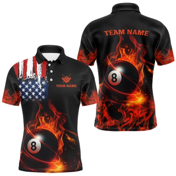 Maxcorners Orange Flaming American Flag 8 Ball Billiard Shirt For Men Custom Patriotic Pool Team Jersey LM1809