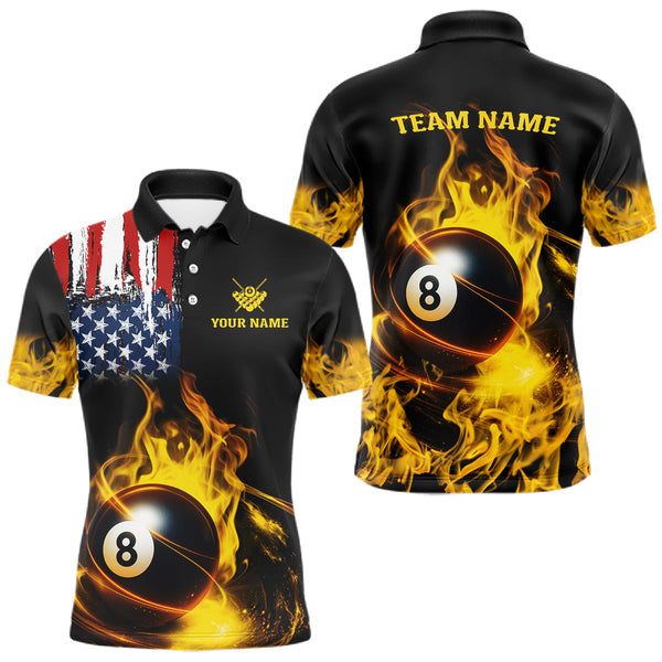 Maxcorners Yellow Flaming American Flag 8 Ball Billiard Shirt For Men Custom Patriotic Pool Team Jersey LM1809