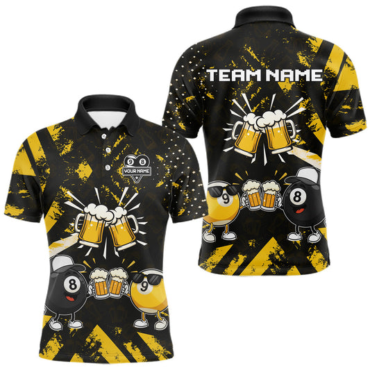 Maxcorners Yellow Black Funny Beer Billiard Shirt For Men Custom 8 Ball & 9 Ball Pool Jersey Polo & 1/4 Zip LM0412