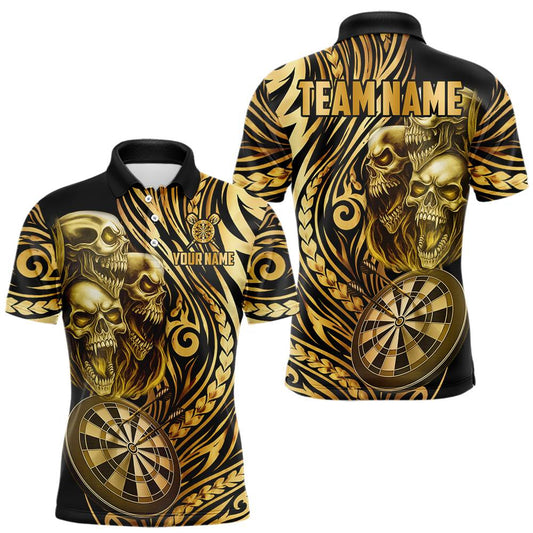 Maxcorners Black And Gold Custom Skull Darts Shirt For Men, Tribal Darts Team Jersey Polo & Quarter Zip LM2201