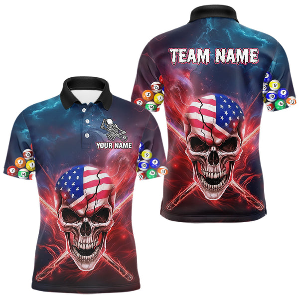 Maxcorners US Flag Patriotic Skull Men's Billiard Shirt Custom Pool Team Shirt Billiard Jersey Polo & 1/4 Zip TU2710