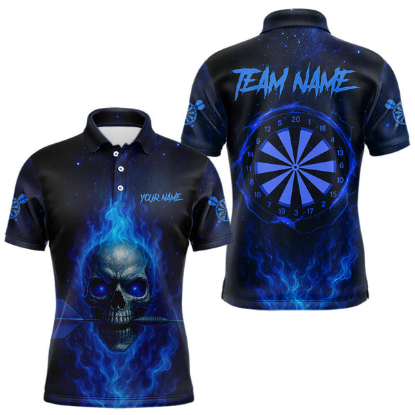 Maxcorners Custom Fire Flames Blue Skull Dart Arrow Dart Men Polo Shirt Outfits Dart Jerseys LM0910