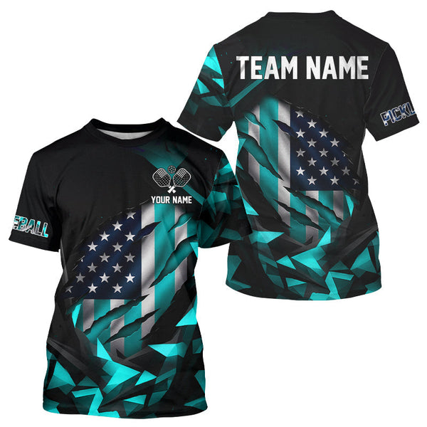 Maxcorners Custom Black & Turquoise Patriotic Pickleball Men T-Shirt US Flag Pickleball Jerseys LM0910