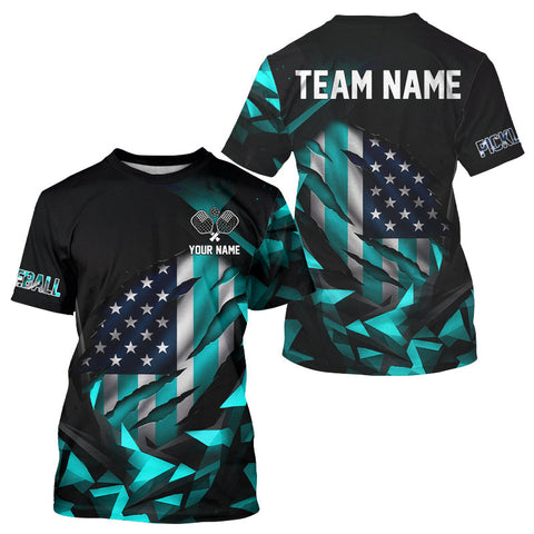 Maxcorners Custom Black & Turquoise Patriotic Pickleball Men T-Shirt US Flag Pickleball Jerseys LM0910