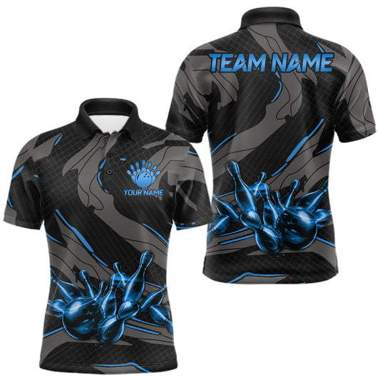 Maxcorners Grey And Blue Lightning Bowling Shirts For Men Custom Strike Team Bowling Tournament LM0607