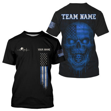 Maxcorners Custom Blue Grunge Skull Pickleball Ball League Jerseys For Men US Flag Pickleball Shirts