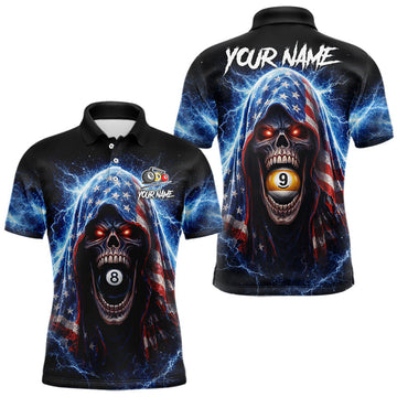 Maxcorners US Flag Thunder Grim Reaper 8 Ball 9 Ball Pool Men Billiard Shirt Custom Patriotic Billiard Apparel LM0402
