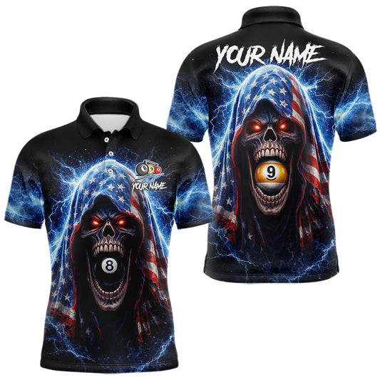 Maxcorners US Flag Thunder Grim Reaper 8 Ball 9 Ball Pool Men Billiard Shirt Custom Patriotic Billiard Apparel LM0402