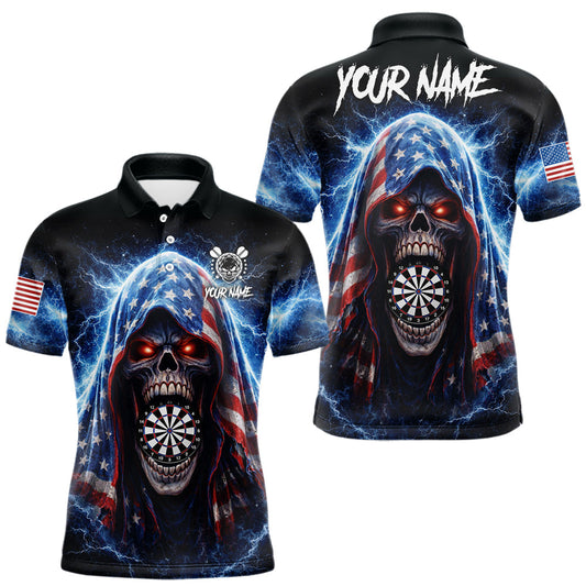 Maxcorners American Flag Thunder Grim Reaper Dartboard Men Darts Polo Shirt Custom Patriotic Dart League Shirt LM1202