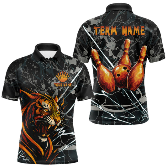 Maxcorners Funny Tiger Bowling Polo & 1/4-Zip Shirt For Men Custom Orange Team Bowling Tournament Jersey