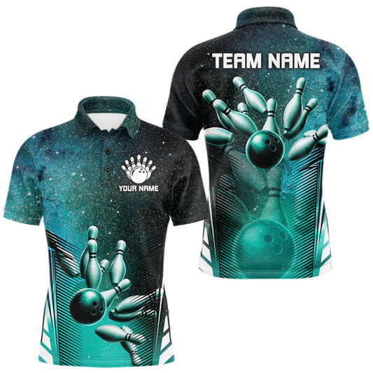 Maxcorners Turquoise Galaxy Bowling Ball Shirt For Men Custom Team Polo Quarter-Zip Bowling Jersey