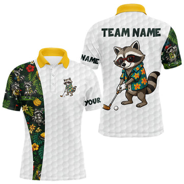Maxcorners Custom Raccoon Golfer Golf Ball Team Attire Tropical Monstera Golf Polo Golf Shirts For Men