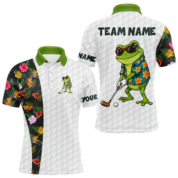 Maxcorners Custom Frog Golfer Golf Ball Team Attire Tropical Monstera Golf Polo Golf Shirts For Men