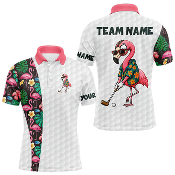 Maxcorners Custom Flamingo Golfer Golf Ball Team Attire Tropical Monstera Golf Polo Golf Shirts For Men
