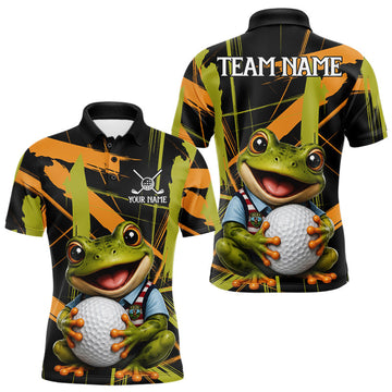 Maxcorners Mens Funny Cute Frog Golf Polo Shirts Custom Yellow & Green Brush Golf Team Outfit, Golf Gifts