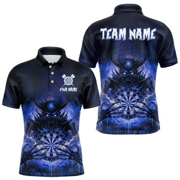 Maxcorners Custom Blue Flames Skeleton Grunge Dartboard Men Darts Polo Shirt Horror Dart Jerseys TU1011
