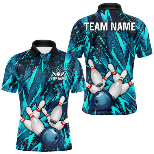 Maxcorners Strike Bowling Ball & Pins Grunge Cyan Men Bowling Shirts