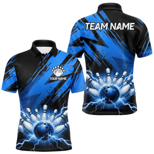 Maxcorners Mens Thunder Lightning Bowling Polo 1/4-Zip Shirts Custom Blue Stripes Team Bowling Jerseys LM0706